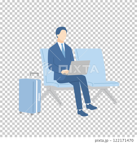 一位商人坐在候診大廳的長凳上，在電腦上工作 122171470