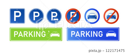 Car parking eco electric icon set. Parking and traffic signs isolated on white background. Map parking pointer. Vector 122171475