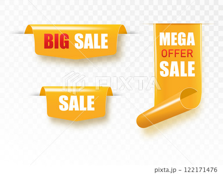 Golden satin ribbon tag. Gold textile label for sale promotion text. Discount and special offer badge. Vector Golden satin ribbon tag. Gold textile label for sale promotion text. Discount and special offer badge. Vector 122171476