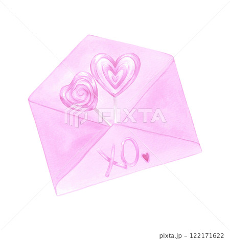 Hand drawn watercolor St. Valentine composition. Illustration of love envelope and hearts isolated on white background. Can be used for postcard, label, scrapbook and other printed products. 122171622