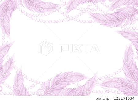 Carnival pink feather with pearls frame border. Hand drawn watercolor masquerade illustration isolated on white background. Can be used for postcard, label, scrapbook and other printed products. 122171634