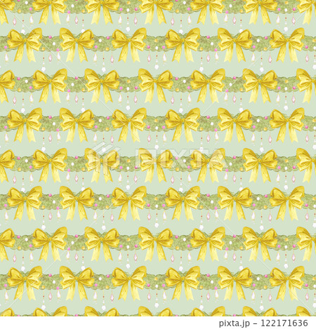 Garlands seamless pattern. Hand drawn watercolor illustration of spruce with bows isolated on grey background. Can be used for textile, fabric, scrapbook and other printed products. Garlands seamless pattern. Hand drawn watercolor illustration of spruce with bows isolated on grey background. Can be used for textile, fabric, scrapbook and other printed products. 122171636