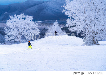 【冬素材】ゲレンデを滑走するスキーヤー・スノーボーダー【長野県】 122171705