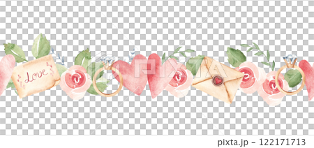 Valentine's, Wedding Horizontal Watercolor Seamless Border Pattern with craft Envelopes, vintage Letters, pink Hearts and Roses and Diamond Engagement Ring. Watercolor hand drawn illustration. Can be 122171713