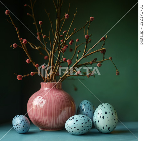 Colorful Easter decoration eggs cherry blossom Sakura, flowering twigs, blue background, copy space 122171731