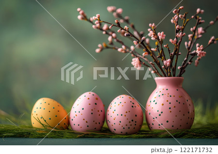 Colorful Easter decoration eggs cherry blossom Sakura, flowering twigs, blue background, copy space Colorful Easter decoration eggs cherry blossom Sakura, flowering twigs, blue background, copy space 122171732