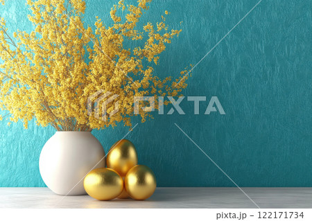 Easter decoration golden eggs yellow mimosa in white vase blue wall background, copy space for text 122171734