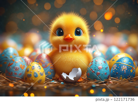 Easter baby duckling, chicken surrounded painted colorful eggs and broken eggshell, copy space 122171736