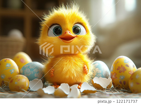 Easter baby duckling on its nest surrounded painted colorful eggs and broken eggshell, copy space 122171737