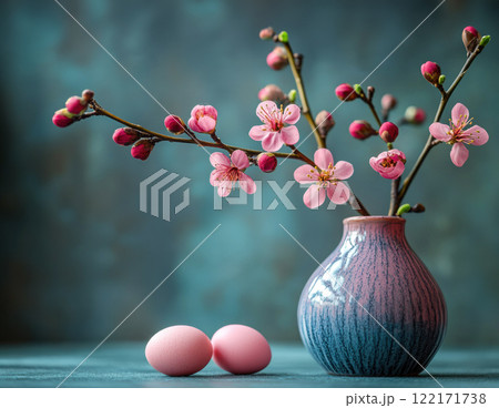 Colorful Easter decoration eggs cherry blossom Sakura, flowering twigs, blue background, copy space 122171738