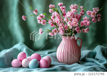 Colorful Easter decoration eggs cherry blossom Sakura, flowering twigs, blue background, copy space 122171740