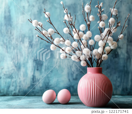 Colorful Easter decoration eggs cherry blossom Sakura, flowering twigs, blue background, copy space 122171741