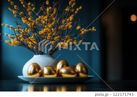 Easter decoration golden eggs yellow mimosa in white vase blue wall background, copy space for text 122171743