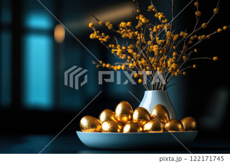 Easter decoration golden eggs yellow mimosa in white vase blue wall background, copy space for text 122171745