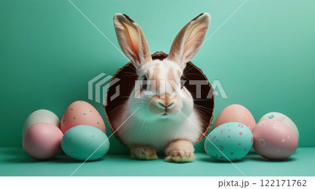 Rabbit peeking through surrounded Easter painted eggs. Holidays, spring Easter concept, copy space 122171762