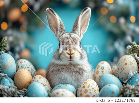 Rabbit surrounded Easter painted eggs. Holidays, spring Easter concept, copy space, greeting cards 122171769