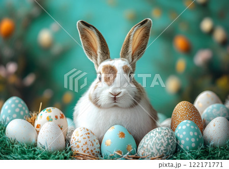 Rabbit surrounded Easter painted eggs. Holidays, spring Easter concept, copy space, greeting cards 122171771