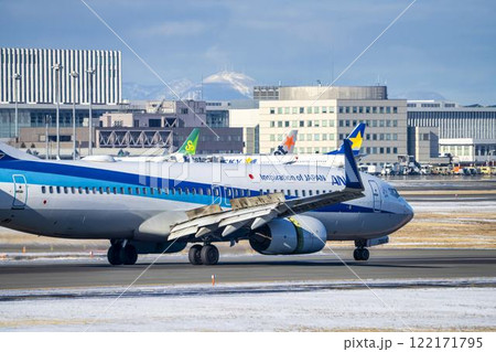 冬の新千歳空港　着陸中の飛行機　北海道千歳市 122171795