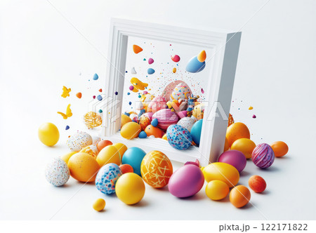 Happy Easter frame background colorful eggs, spring concept, copy space greeting 122171822