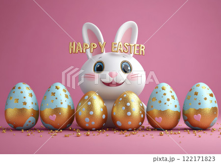 Easter illustration egg and Bunny pastel pink background, spring concept, copy space greeting, 3d 122171823