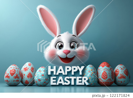 Easter illustration egg and Bunny pastel blue background, spring concept, copy space greeting, 3d 122171824
