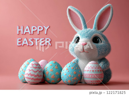 Easter illustration egg and Bunny pastel pink background, spring concept, copy space greeting, 3d 122171825