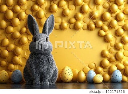 Easter egg and grey Bunny pastel yellow background spring concept, copy space greeting, 3d rendering 122171826
