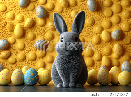Easter egg and grey Bunny pastel yellow background spring concept, copy space greeting, 3d rendering 122171827