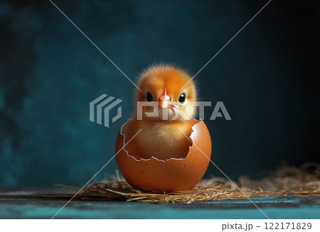 Newborn baby chicken surrounded by eggs and broken eggshell, copy space. birthday, idea, news, farm 122171829