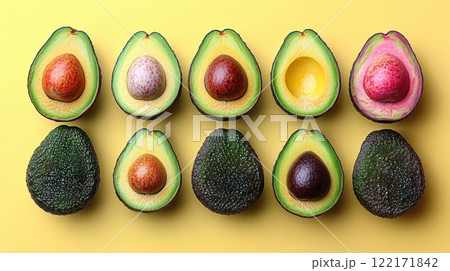 Whole avocados yellow background, top view avocado leaves, space for text, vegetarian food, vitamin 122171842