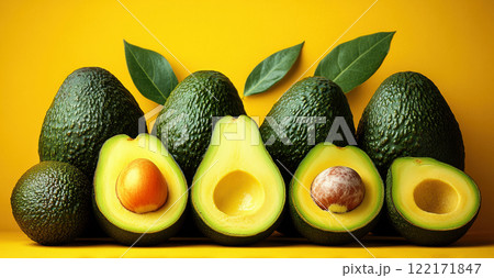 Composition avocados yellow background, top view avocado leaves, space for text, vegetarian vitamin 122171847