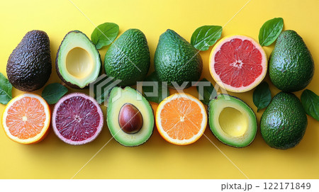 Whole avocados citrus yellow background, top view avocado leaves, space for text, vegetarian vitamin 122171849