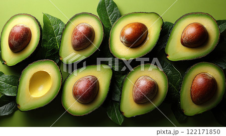 Whole avocados yellow background, top view avocado leaves, space for text, vegetarian food, vitamin 122171850