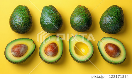 Whole avocados yellow background, top view avocado leaves, space for text, vegetarian food, vitamin 122171854