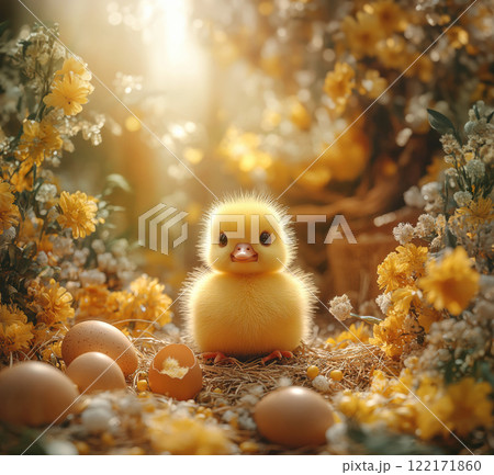 Easter baby duckling, chicken surrounded painted colorful eggs and broken eggshell, copy space 122171860