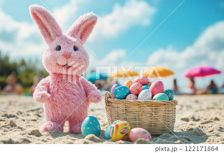 Easter bunny colorful striped eggs, background blue sky sea horizon. Holidays, spring Easter concept 122171864