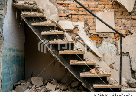 Damaged Stairway In A Building With Exposed Brick And Rubble 122172170