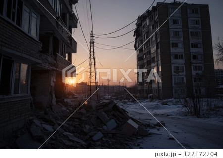 Urban rubble scene with ruins and sunsetのイラスト素材 [122172204] - PIXTA