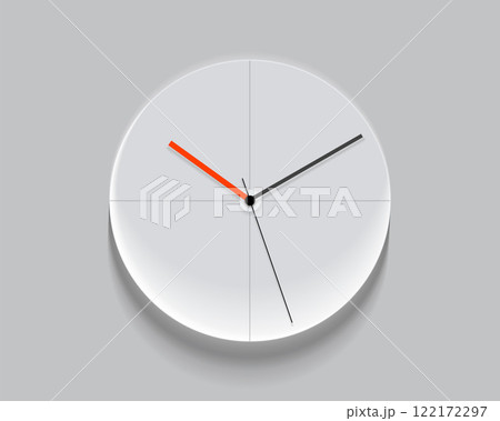 Simple light classic clock in realistic flat style, with a red arrow. Time on white background. Business watch. Vector design element for you project 122172297