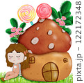 Mushroom cartoon house with girl and lollipop  122172348