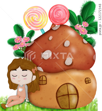 Mushroom cartoon house with girl and lollipop  122172348