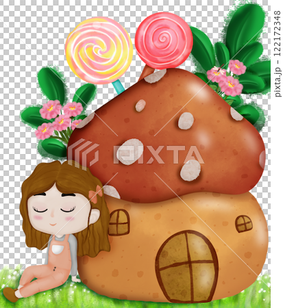 Mushroom cartoon house with girl and lollipop  122172348