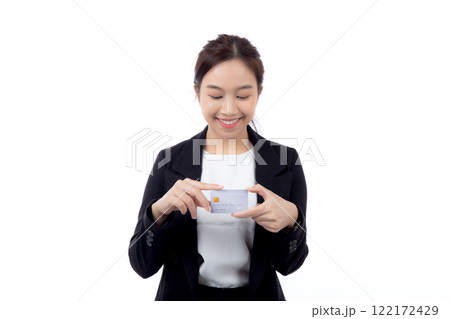 Portrait young asian businesswoman holding credit card or debit card smiling with confident isolated Portrait young asian businesswoman holding credit card or debit card smiling with confident isolated 122172429