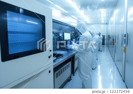 Scientists in cleanroom suits working with laboratory equipment in sterile environment 122172456