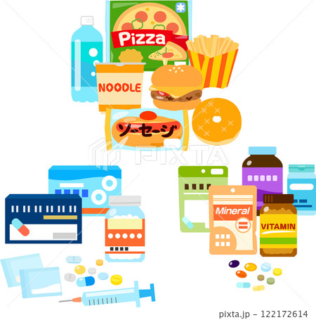 ジャンクフード、サプリメント、薬のイラストセット ジャンクフード、サプリメント、薬のイラストセット 122172614
