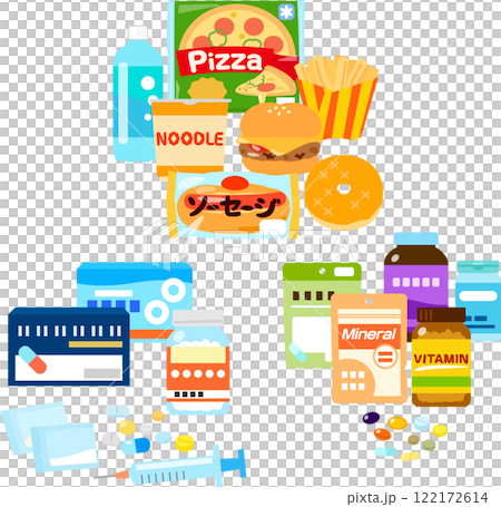 ジャンクフード、サプリメント、薬のイラストセット ジャンクフード、サプリメント、薬のイラストセット 122172614
