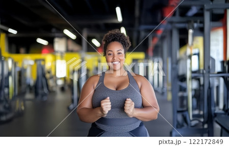 Plus size black woman in sportswear pushing through a workout at the gym, sweat dripping from her focused face. Generated image 122172849