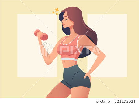 Woman exercising with dumbbells Flat vector illustration isolated on white background. Woman exercising with dumbbells Flat vector illustration isolated on white background. 122172921