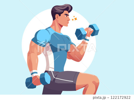 Flat vector illustration. of a big muscular man Lifting a dumbbell 122172922