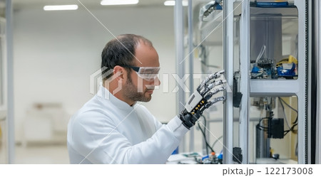 Robotics engineer calibrating a robotic prosthetic hand, showcasing advanced medical technology. Generated image 122173008